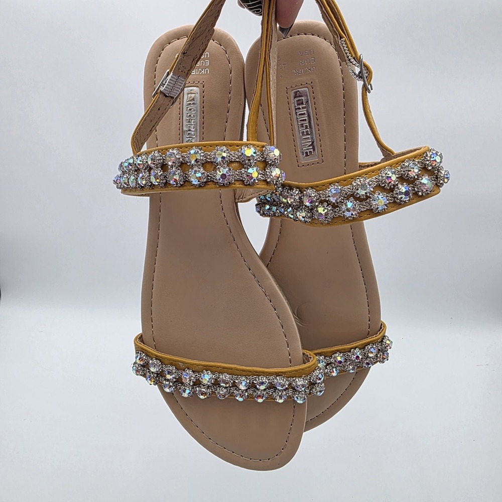 Chosenone Womens AB Jeweled Strappy Flat Sandals Yellow Buckle Size 9 NEW